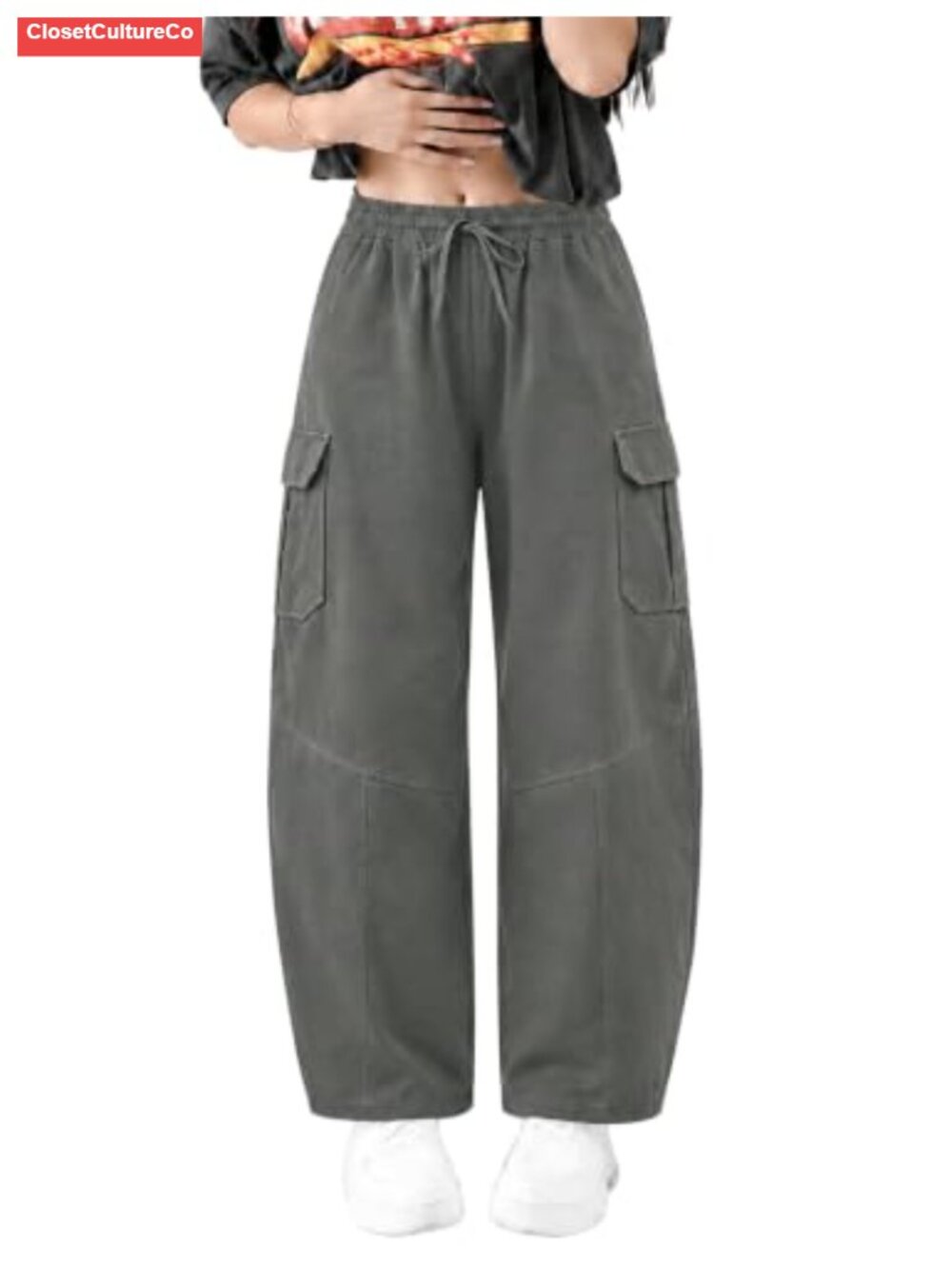 Mid Rise Wide Leg Cargo Pants Drawstring Elastic Waist Cotton Baggy